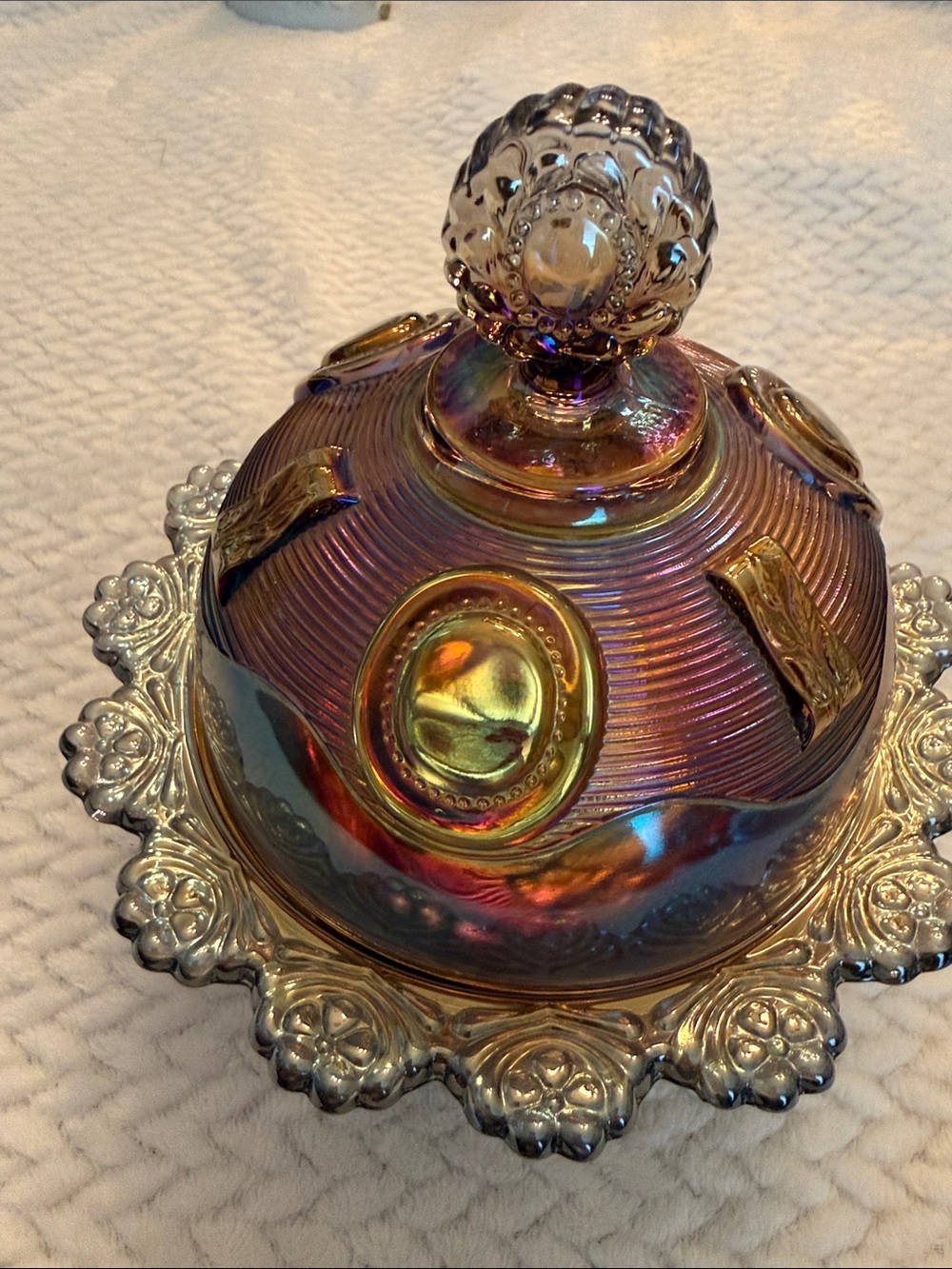 Vintage Art Deco Imperial Iridescent Carnival Glass Lidded Dish